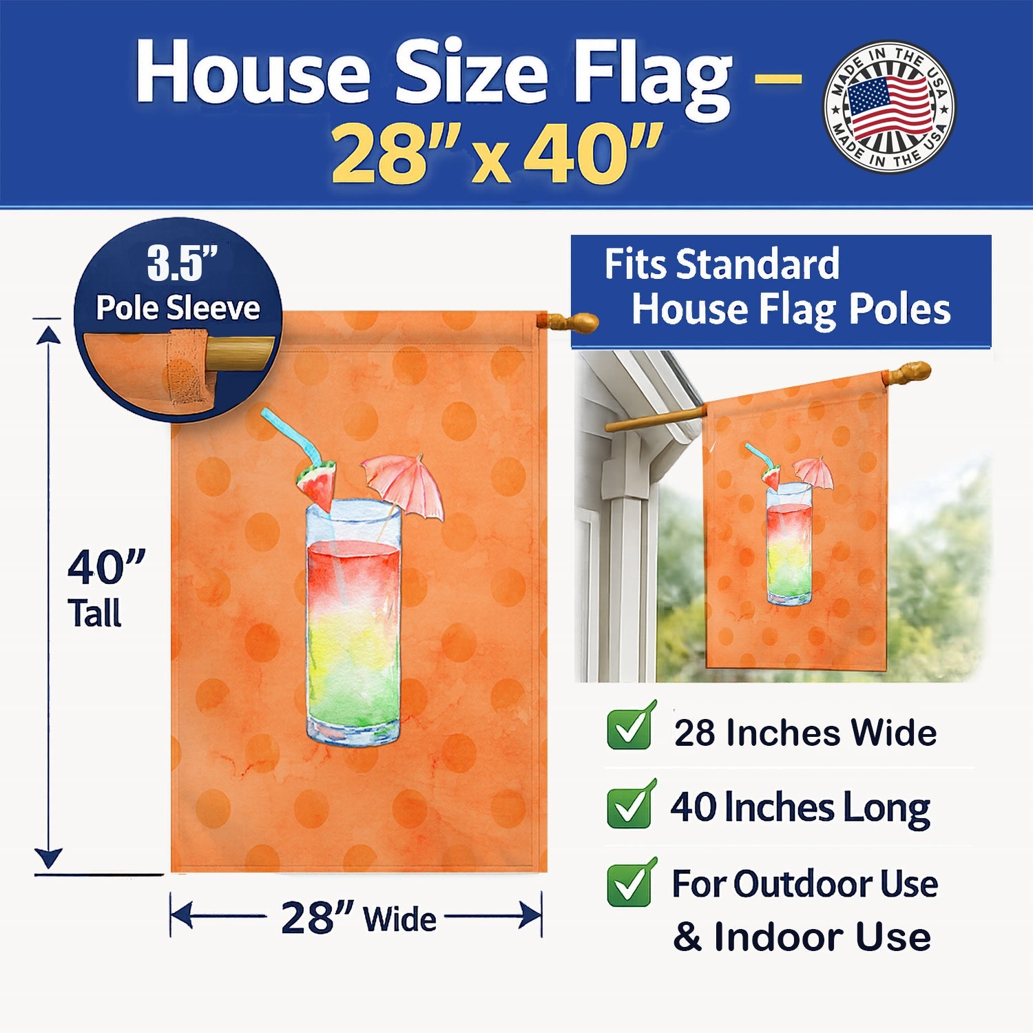 Umberella Cocktail Orange Polkadot House Flag 28x40 Porch Sleeve Pole Decorative Outside Yard Banner Artwork Wall Hanging, Polyester