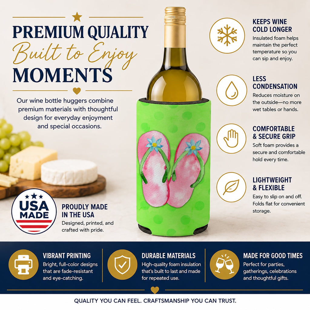 Pink Flip Flops Green Polkadot Wine Bottle Hugger Gift Sleeve for Standard 750 ml Bottles, Insulated Reusable Fits Mini Shot & Pint Bottles
