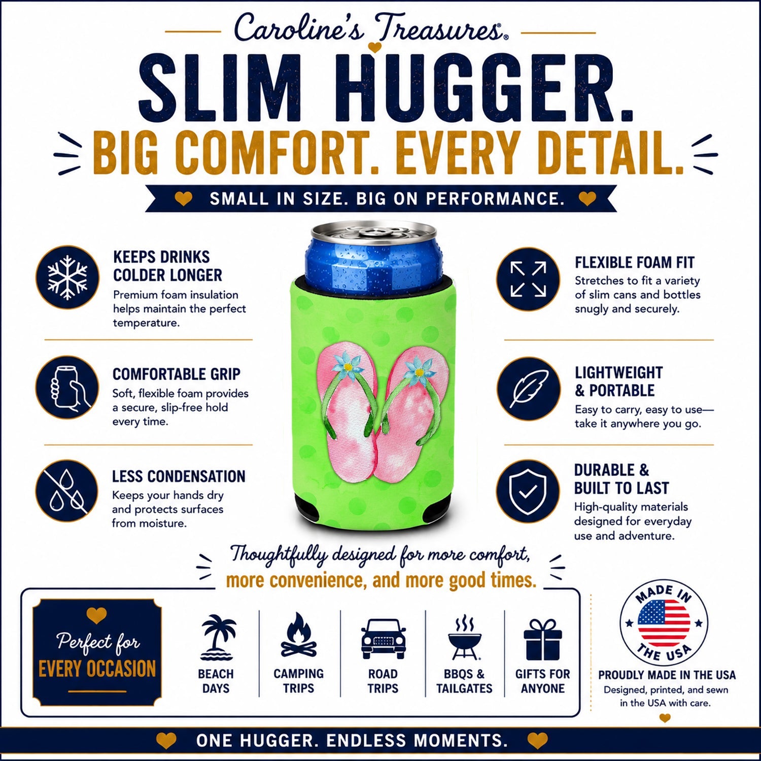 Pink Flip Flops Green Polkadot Slim Can Hugger  Insulated Foam Sleeve for 12 oz Slim Cans, Beer Bottles & Water Bottles, Made in USA