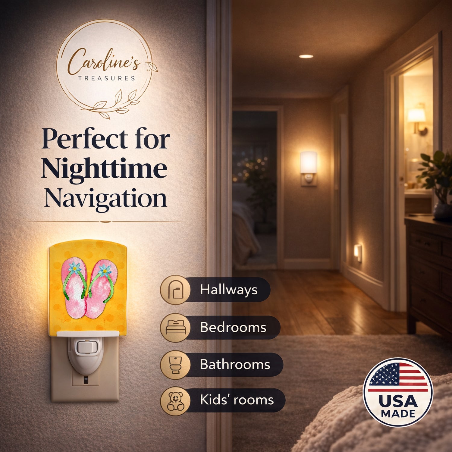Pink Flip Flops Yellow Polkadot Ceramic Night Light Compact, UL-Certified, Ideal for Bedroom, Bathroom, Nursery, Hallway, Kitchen, 6x4x3, Multicolor