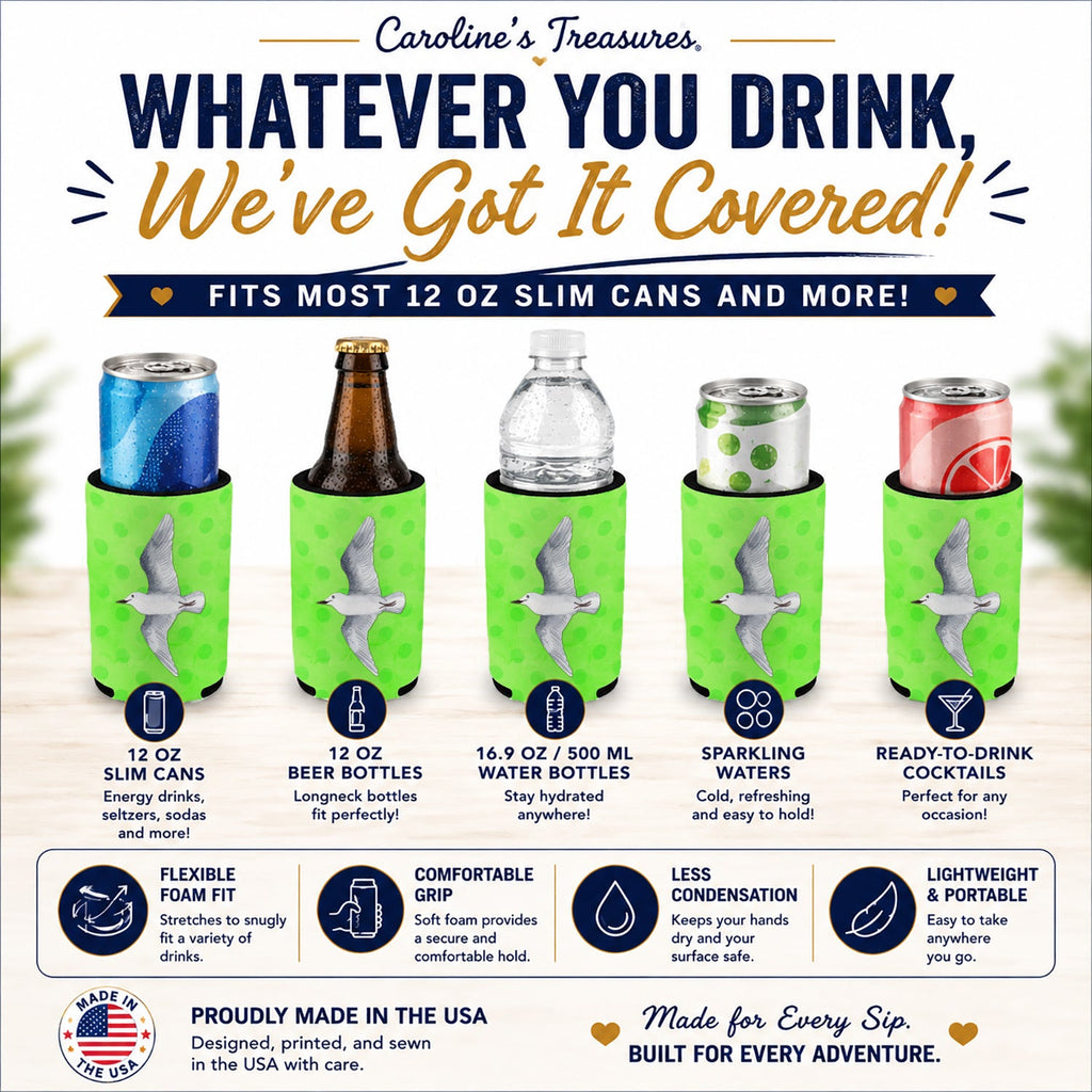 Sea Gull Green Polkadot Slim Can Hugger  Insulated Foam Sleeve for 12 oz Slim Cans, Beer Bottles & Water Bottles, Made in USA