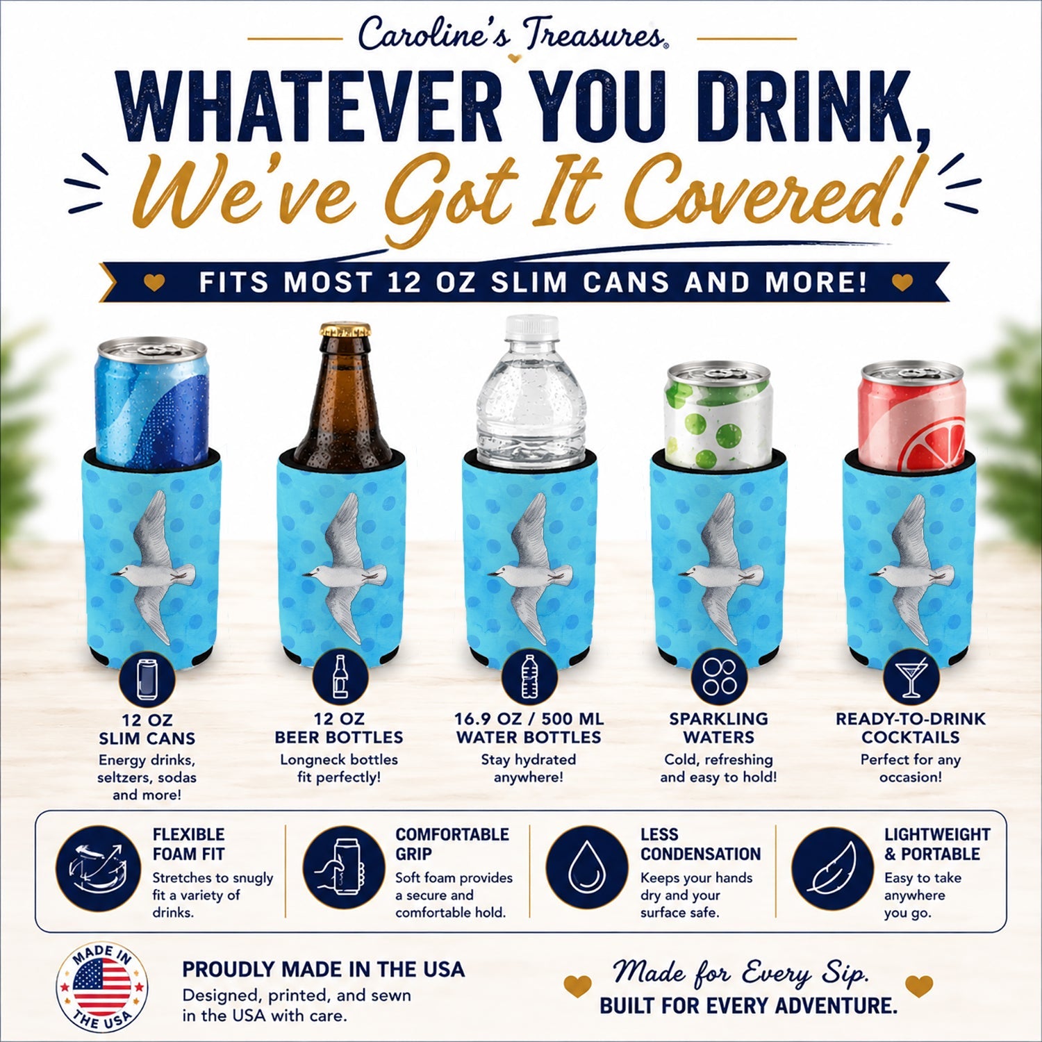 Sea Gull Blue Polkadot Slim Can Hugger  Insulated Foam Sleeve for 12 oz Slim Cans, Beer Bottles & Water Bottles, Made in USA