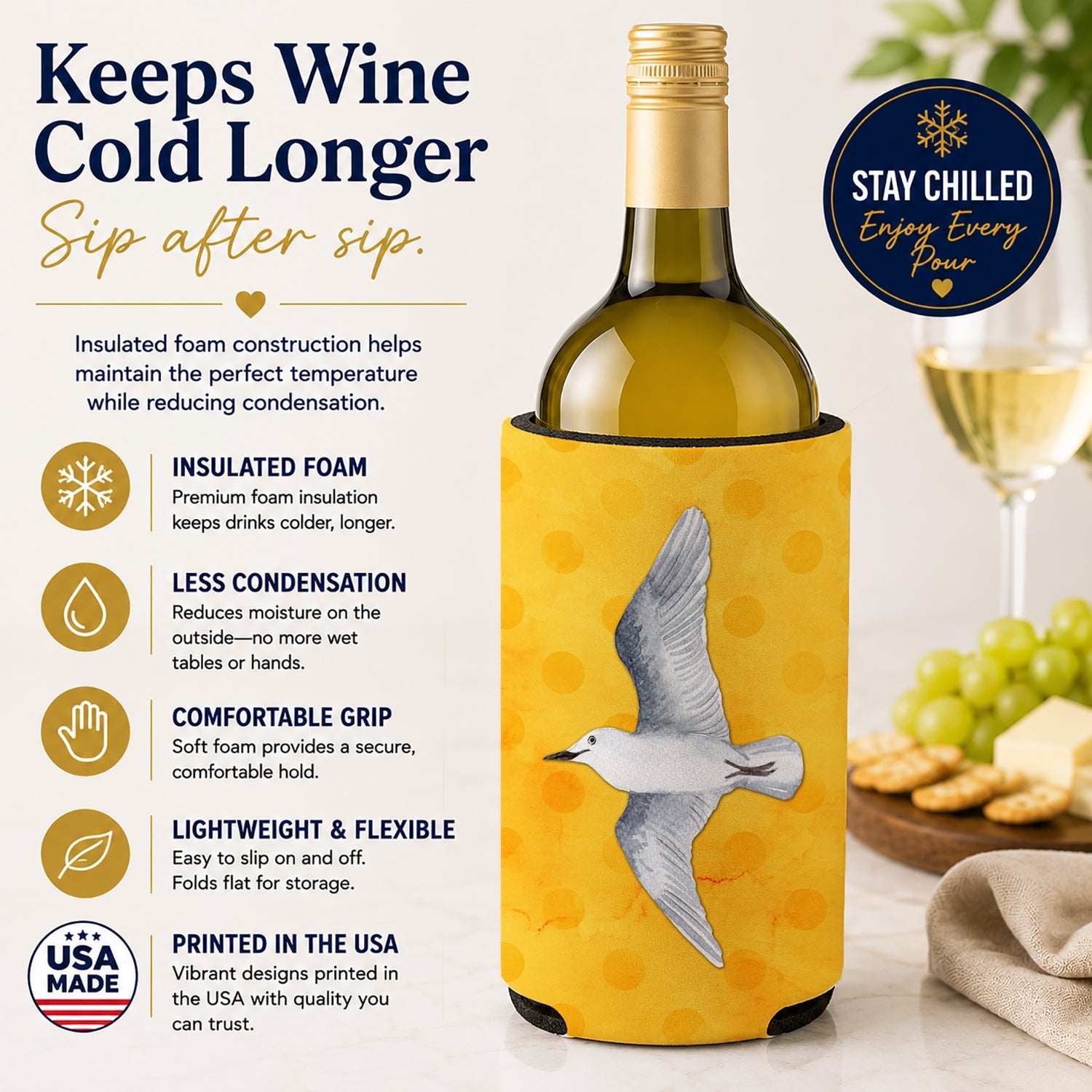 Sea Gull Yellow Polkadot Wine Bottle Hugger Gift Sleeve for Standard 750 ml Bottles, Insulated Reusable Fits Mini Shot & Pint Bottles