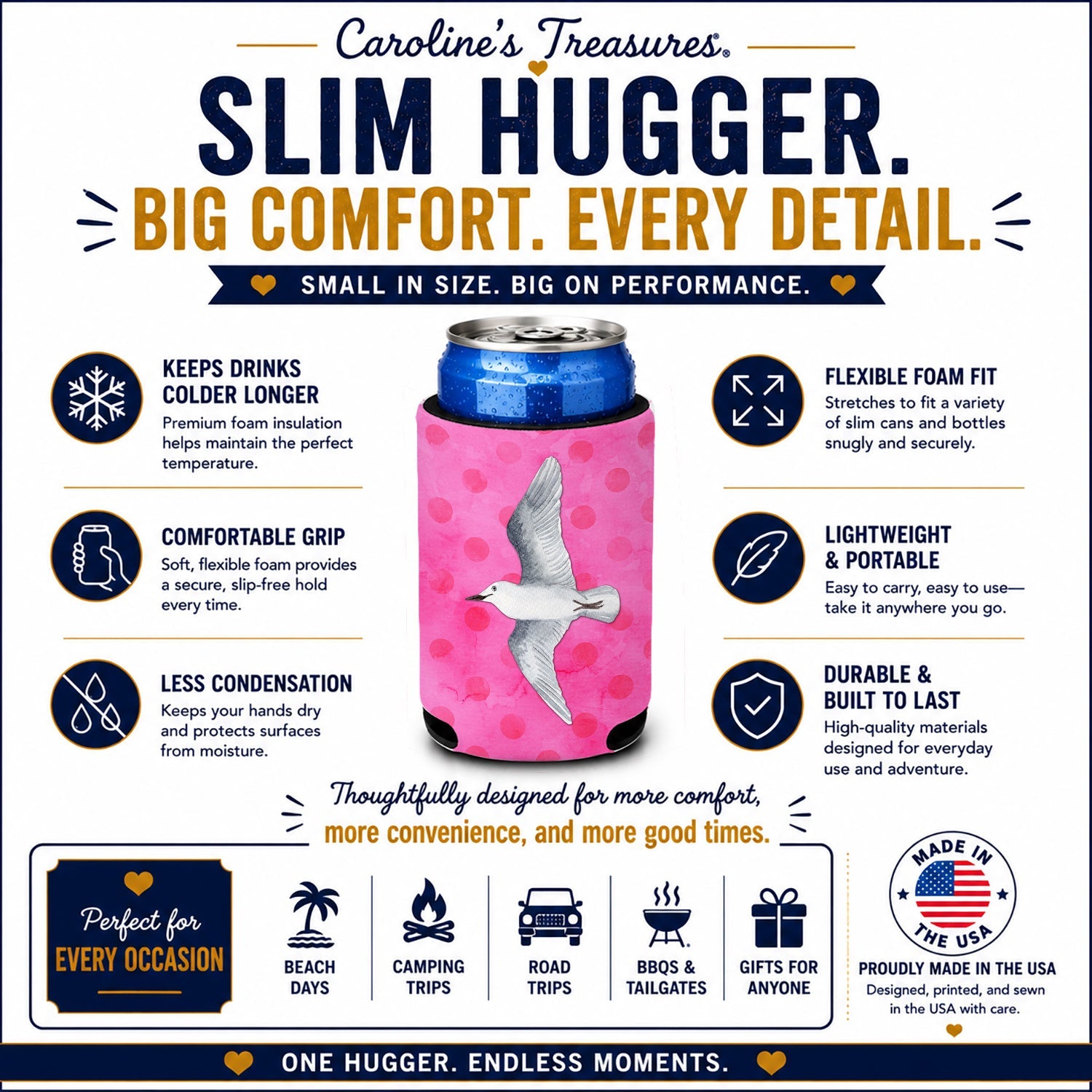 Sea Gull Pink Polkadot Slim Can Hugger  Insulated Foam Sleeve for 12 oz Slim Cans, Beer Bottles & Water Bottles, Made in USA