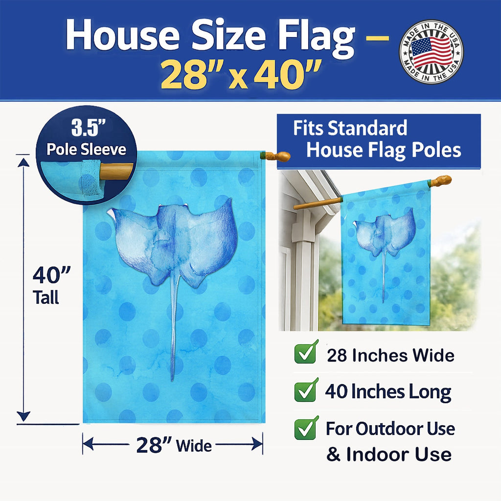 Sting Ray Blue Polkadot House Flag 28x40 Porch Sleeve Pole Decorative Outside Yard Banner Artwork Wall Hanging, Polyester