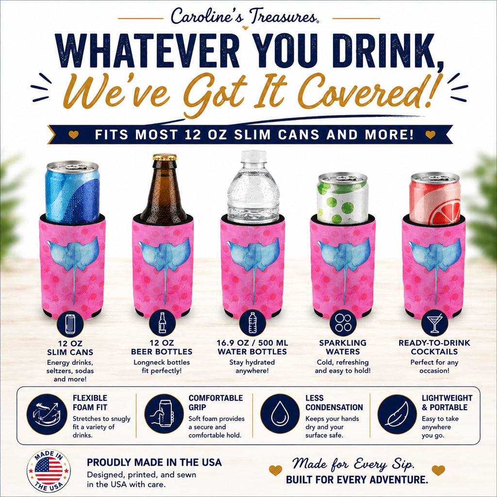 Sting Ray Pink Polkadot Slim Can Hugger  Insulated Foam Sleeve for 12 oz Slim Cans, Beer Bottles & Water Bottles, Made in USA