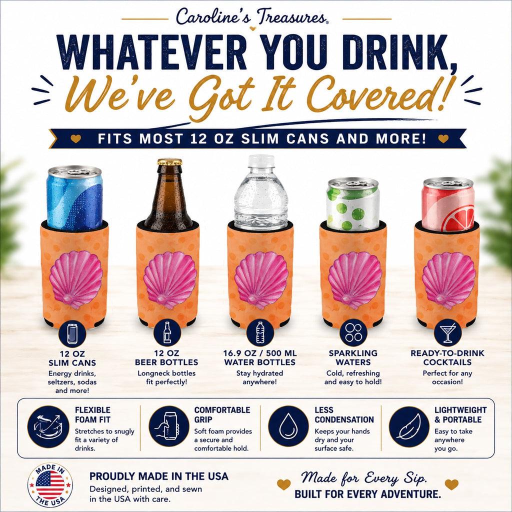Pink Sea Shell Orange Polkadot Slim Can Hugger  Insulated Foam Sleeve for 12 oz Slim Cans, Beer Bottles & Water Bottles, Made in USA