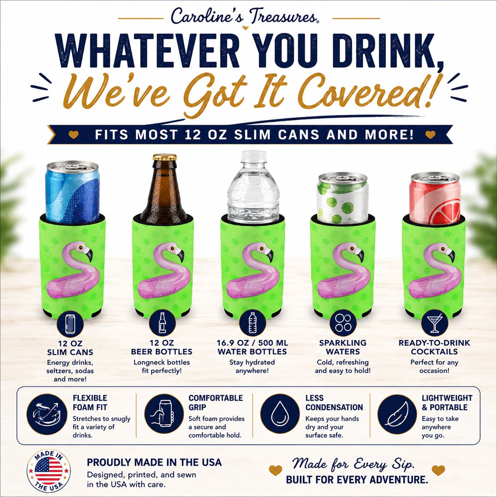 Flamingo Floaty Green Polkadot Slim Can Hugger  Insulated Foam Sleeve for 12 oz Slim Cans, Beer Bottles & Water Bottles, Made in USA