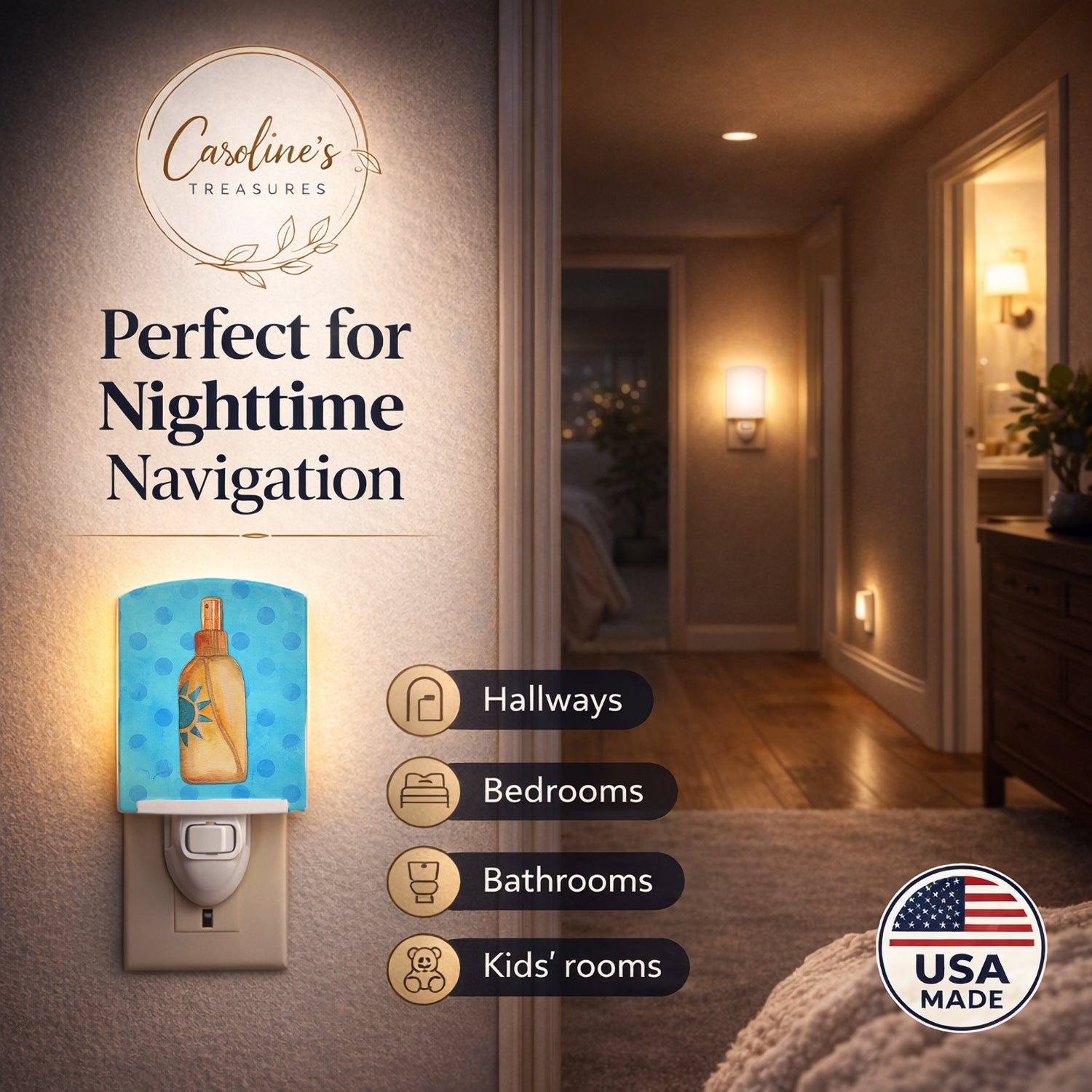 Message in a Bottle Blue Polkadot Ceramic Night Light Compact, UL-Certified, Ideal for Bedroom, Bathroom, Nursery, Hallway, Kitchen, 6x4x3, Multicolor