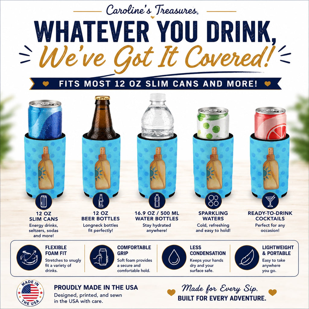Message in a Bottle Blue Polkadot Slim Can Hugger  Insulated Foam Sleeve for 12 oz Slim Cans, Beer Bottles & Water Bottles, Made in USA