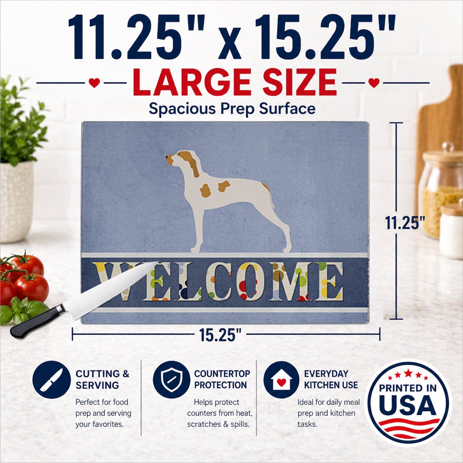 Ariege Pointer Welcome Cutting Board Tempered Glass Kitchen Cutting Surface, Heat Resistant Chopping, Non-Slip Feet, Food Prep & Serving