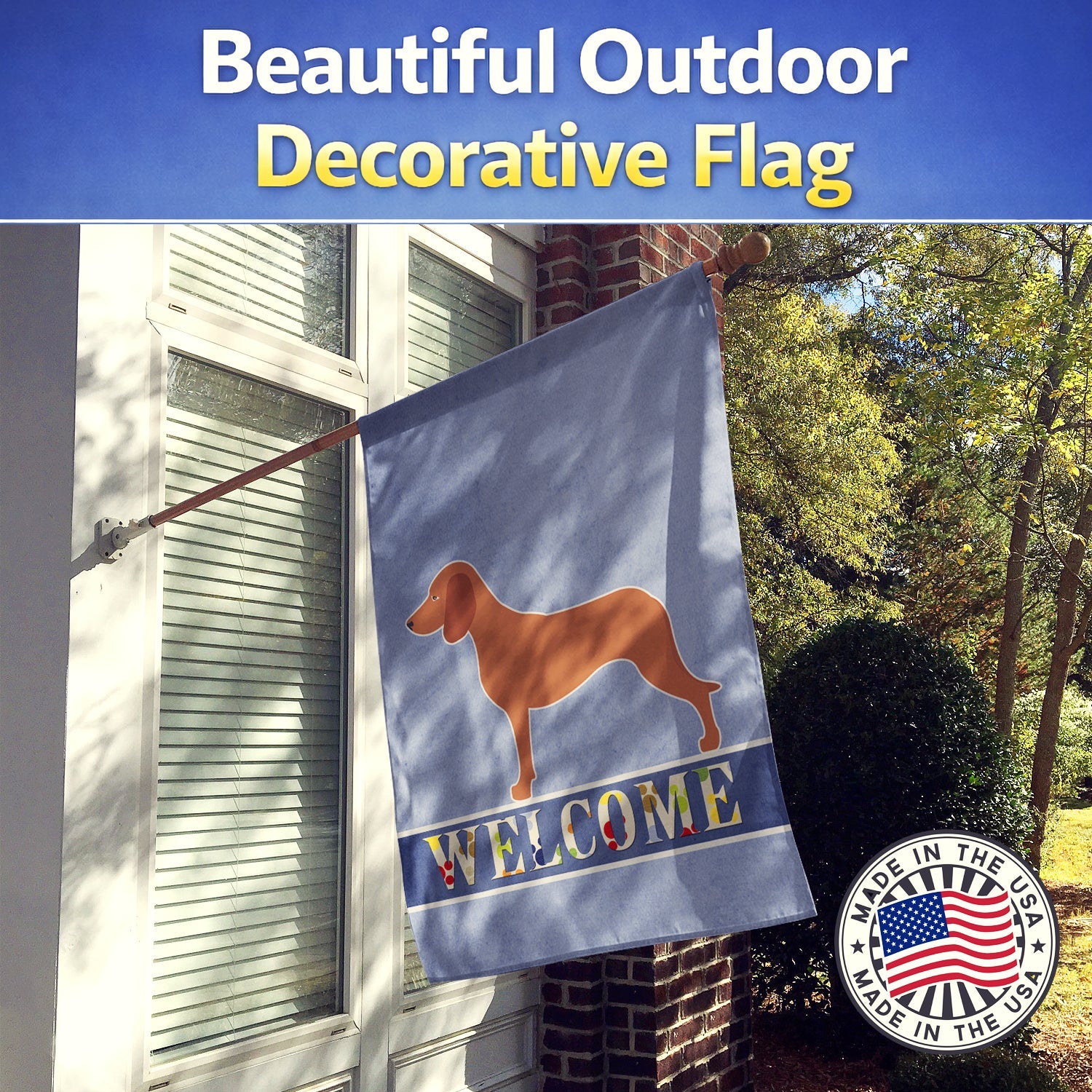 Bavarian Mountian Hound Welcome House Flag 28x40 Porch Sleeve Pole Decorative Outside Yard Banner Artwork Wall Hanging, Polyester