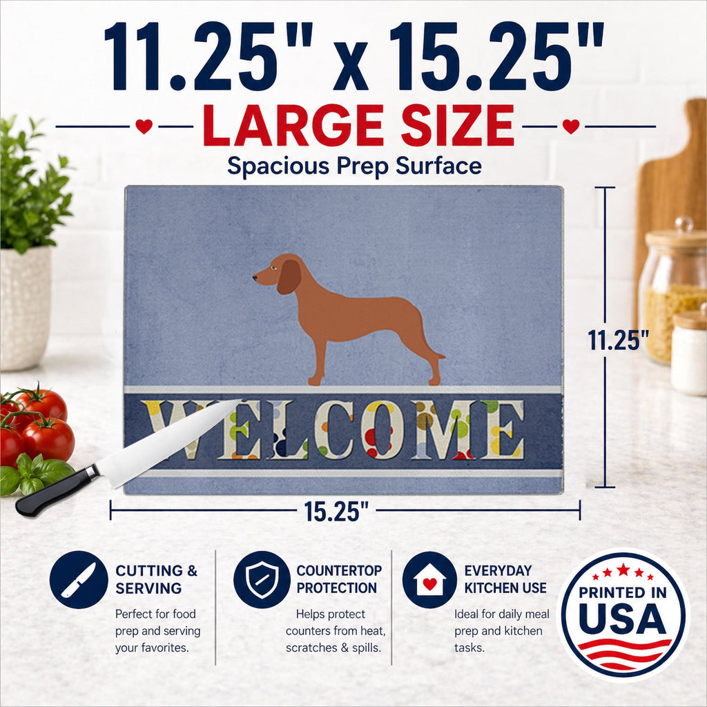 Bavarian Mountian Hound Welcome Cutting Board Tempered Glass Kitchen Cutting Surface, Heat Resistant Chopping, Non-Slip Feet, Food Prep & Serving