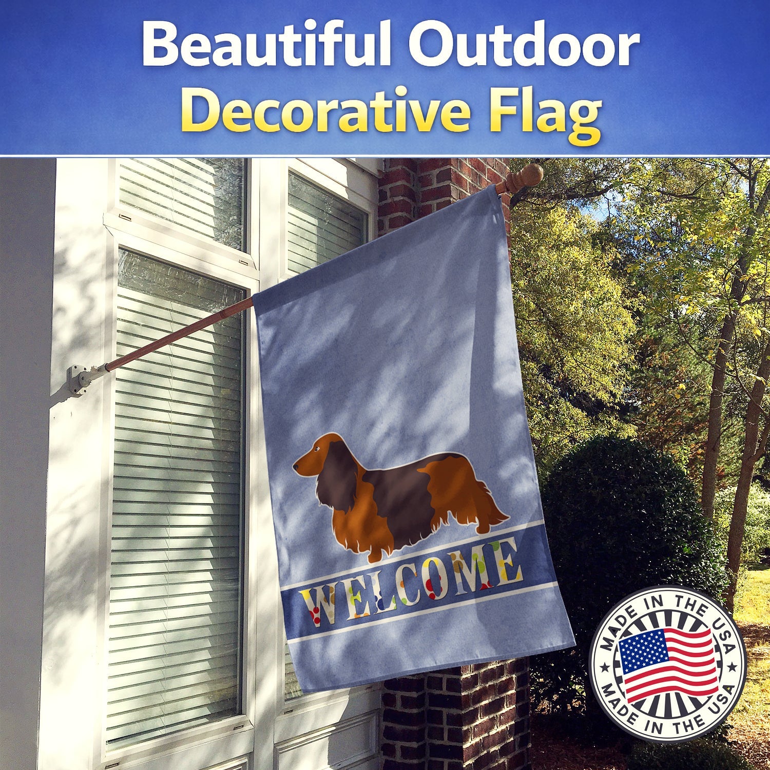 Longhaired Dachshund Welcome House Flag 28x40 Porch Sleeve Pole Decorative Outside Yard Banner Artwork Wall Hanging, Polyester