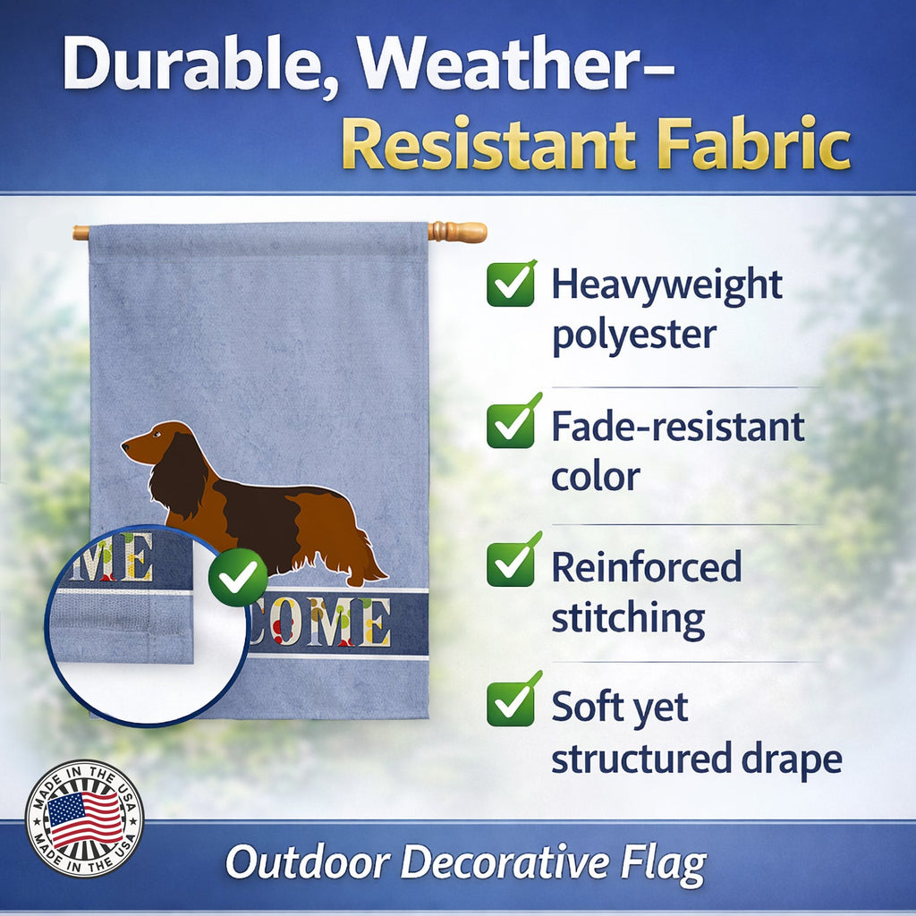 Longhaired Dachshund Welcome House Flag 28x40 Porch Sleeve Pole Decorative Outside Yard Banner Artwork Wall Hanging, Polyester