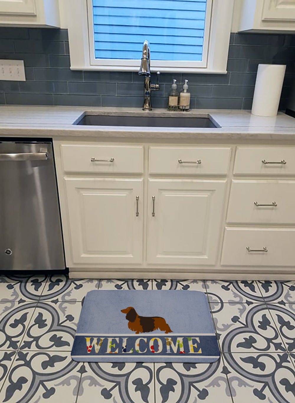 Longhaired Dachshund Welcome Memory Foam Kitchen Mat Machine Washable Anti-Fatigue Cushion Comfort Bath or Kitchen Rug