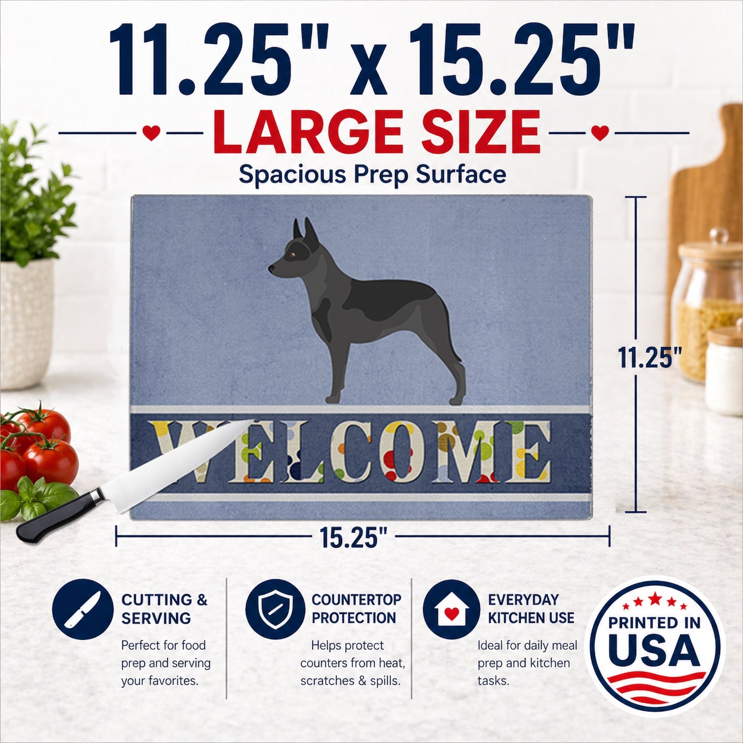 Australian Cattle Dog Welcome Cutting Board Tempered Glass Kitchen Cutting Surface, Heat Resistant Chopping, Non-Slip Feet, Food Prep & Serving