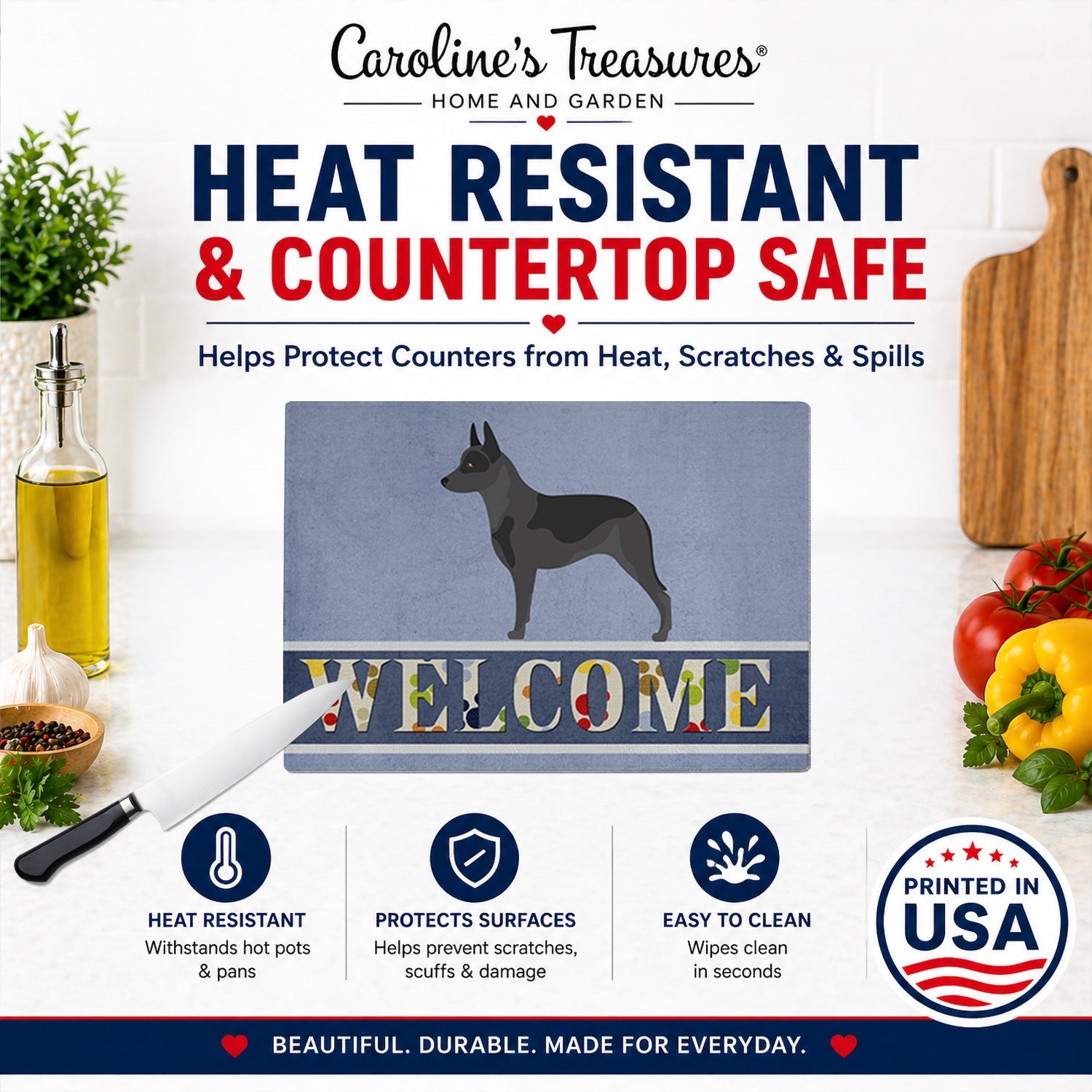 Australian Cattle Dog Welcome Cutting Board Tempered Glass Kitchen Cutting Surface, Heat Resistant Chopping, Non-Slip Feet, Food Prep & Serving