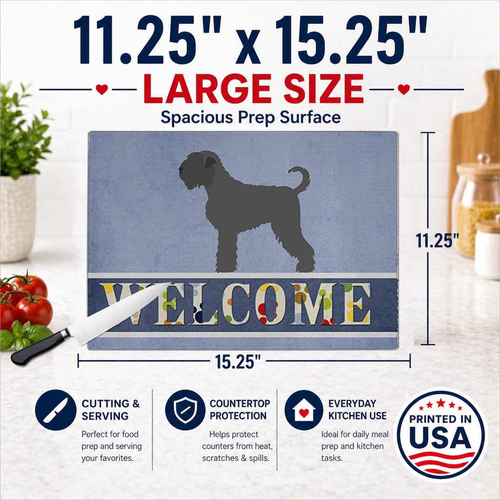 Black Russian Terrier Welcome Cutting Board Tempered Glass Kitchen Cutting Surface, Heat Resistant Chopping, Non-Slip Feet, Food Prep & Serving