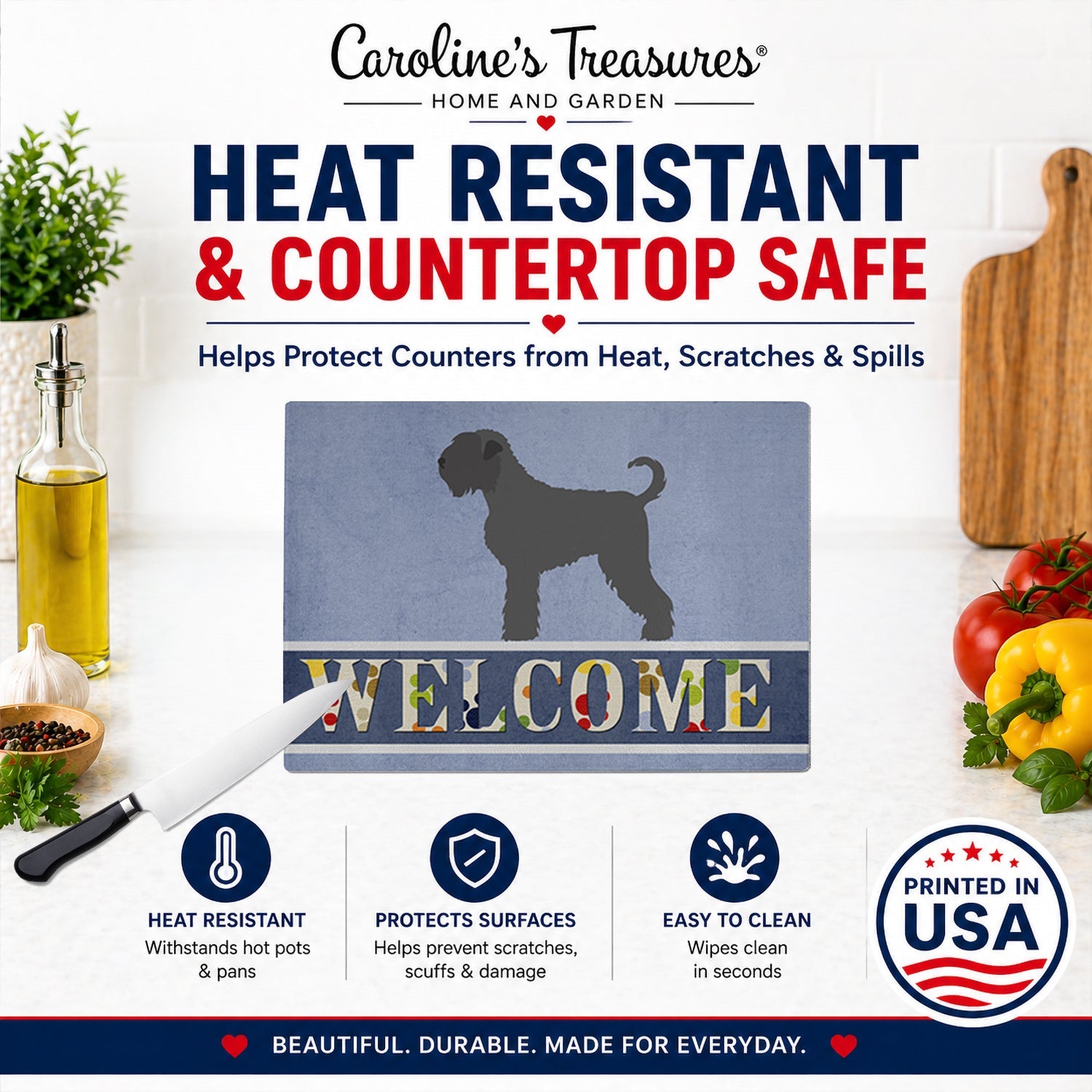 Black Russian Terrier Welcome Cutting Board Tempered Glass Kitchen Cutting Surface, Heat Resistant Chopping, Non-Slip Feet, Food Prep & Serving