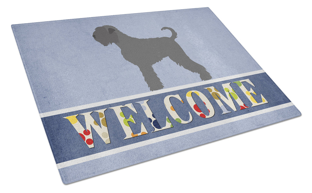 Black Russian Terrier Welcome Cutting Board Tempered Glass Kitchen Cutting Surface, Heat Resistant Chopping, Non-Slip Feet, Food Prep & Serving