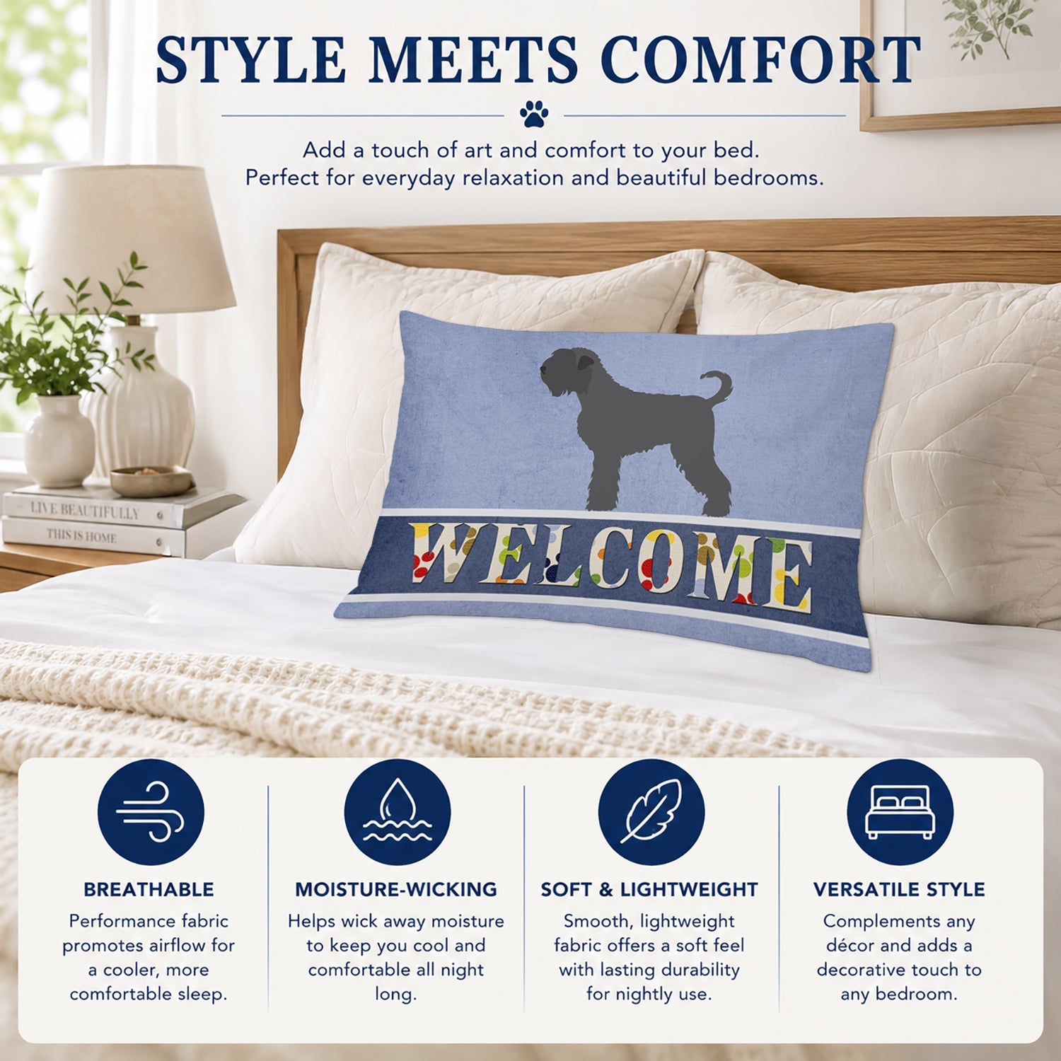 Black Russian Terrier Welcome Standard Pillowcase Lightweight Super Soft Easy Care Decorative Artwork Pillowcase, Standard