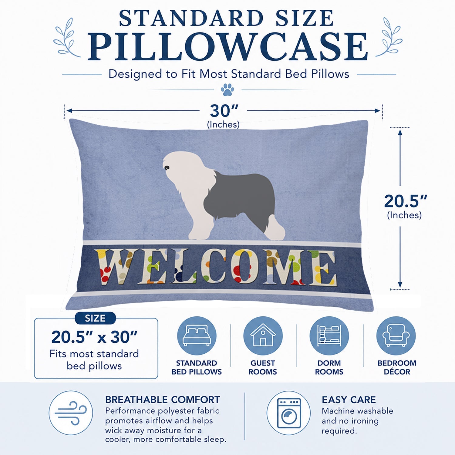 Old English Sheepdog Bobtail Standard Pillowcase Lightweight Super Soft Easy Care Decorative Artwork Pillowcase, Standard