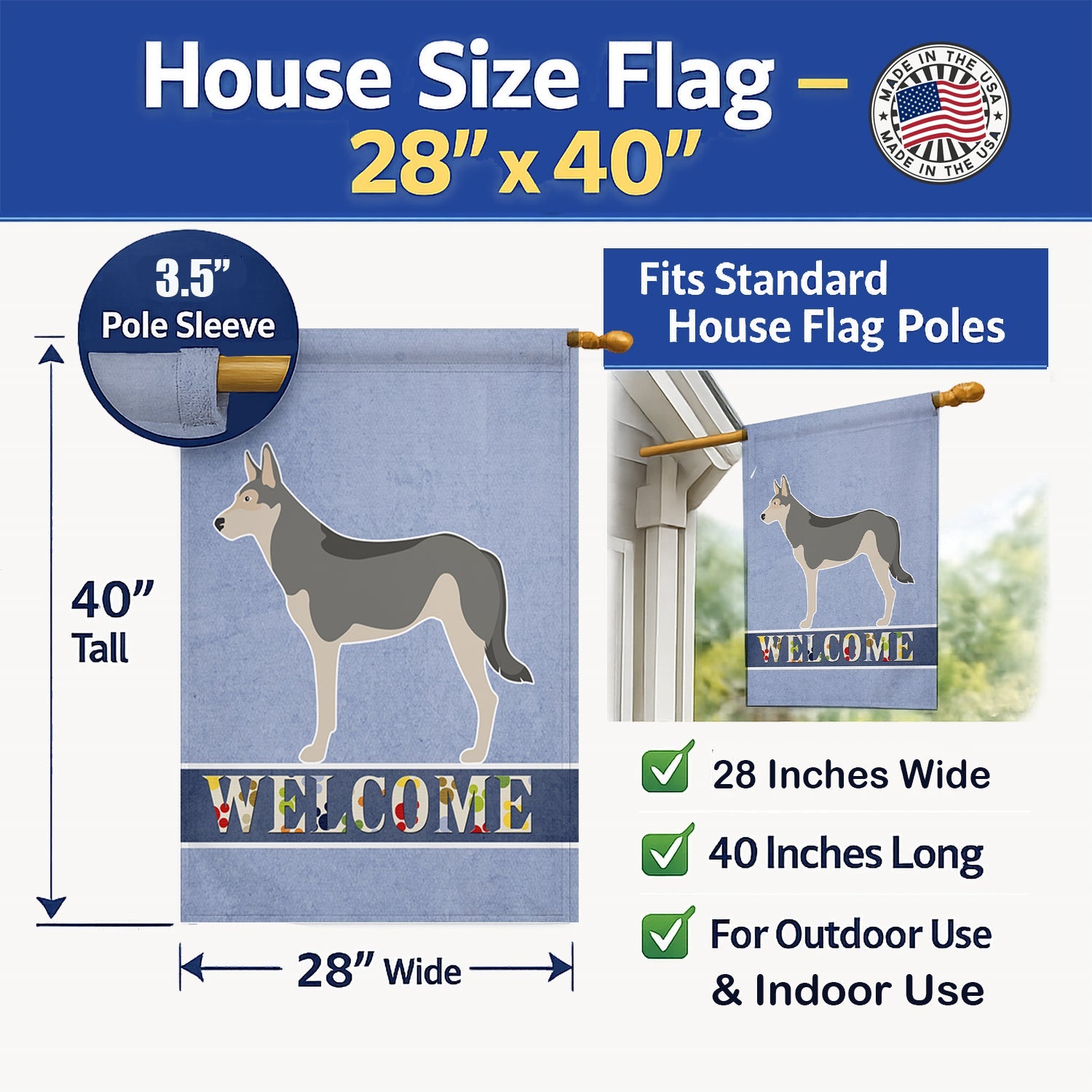 Saarloos Wolfdog Welcome House Flag 28x40 Porch Sleeve Pole Decorative Outside Yard Banner Artwork Wall Hanging, Polyester