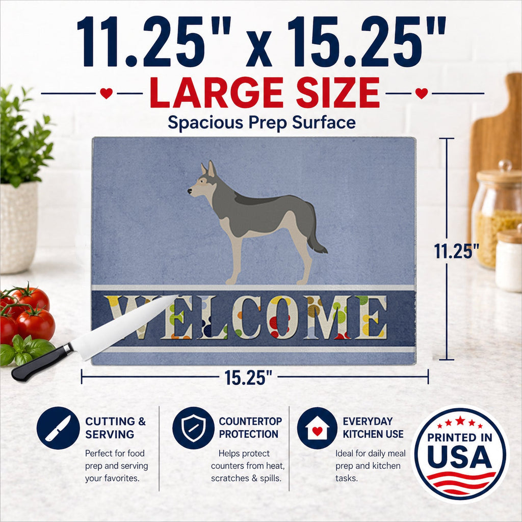 Saarloos Wolfdog Welcome Cutting Board Tempered Glass Kitchen Cutting Surface, Heat Resistant Chopping, Non-Slip Feet, Food Prep & Serving