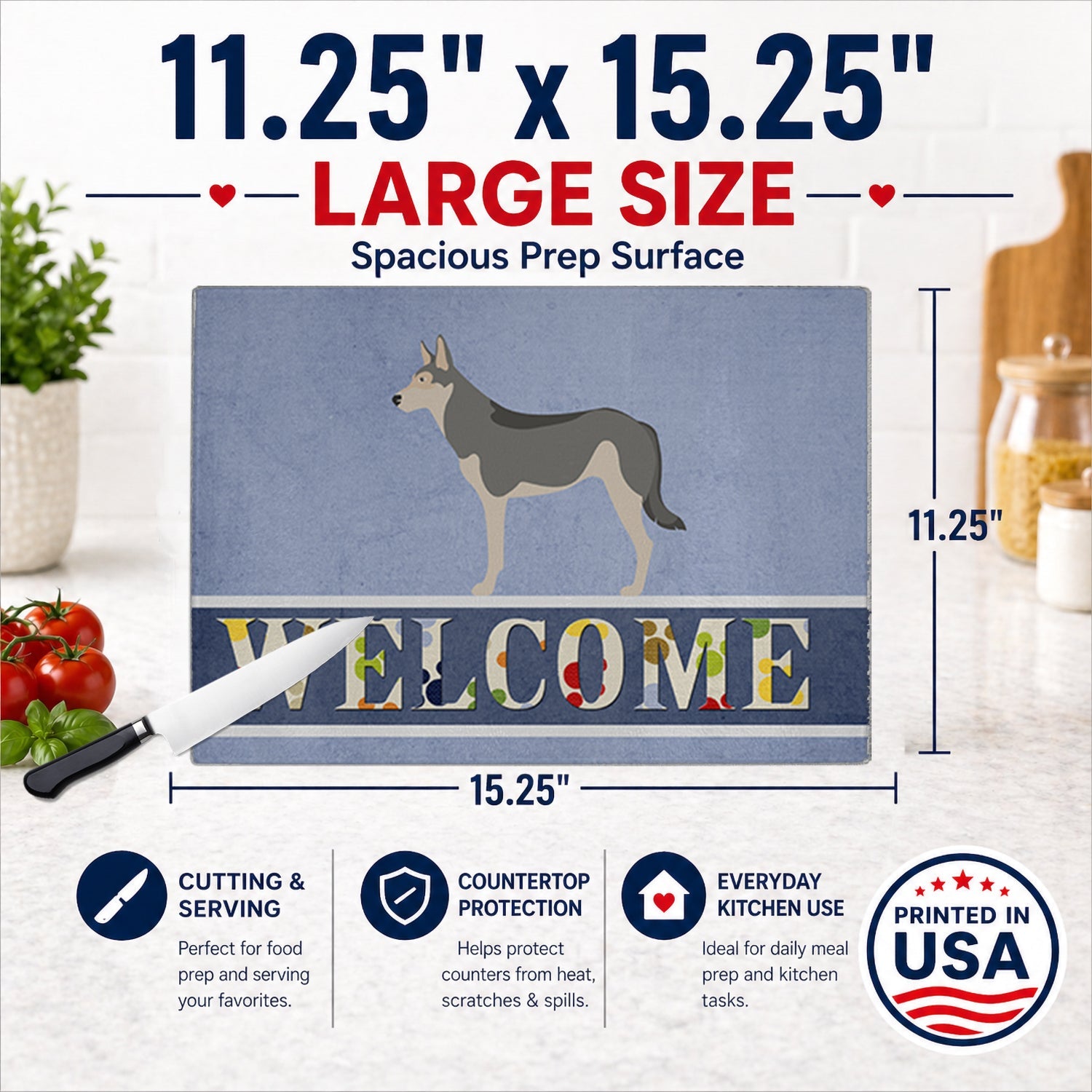 Saarloos Wolfdog Welcome Cutting Board Tempered Glass Kitchen Cutting Surface, Heat Resistant Chopping, Non-Slip Feet, Food Prep & Serving