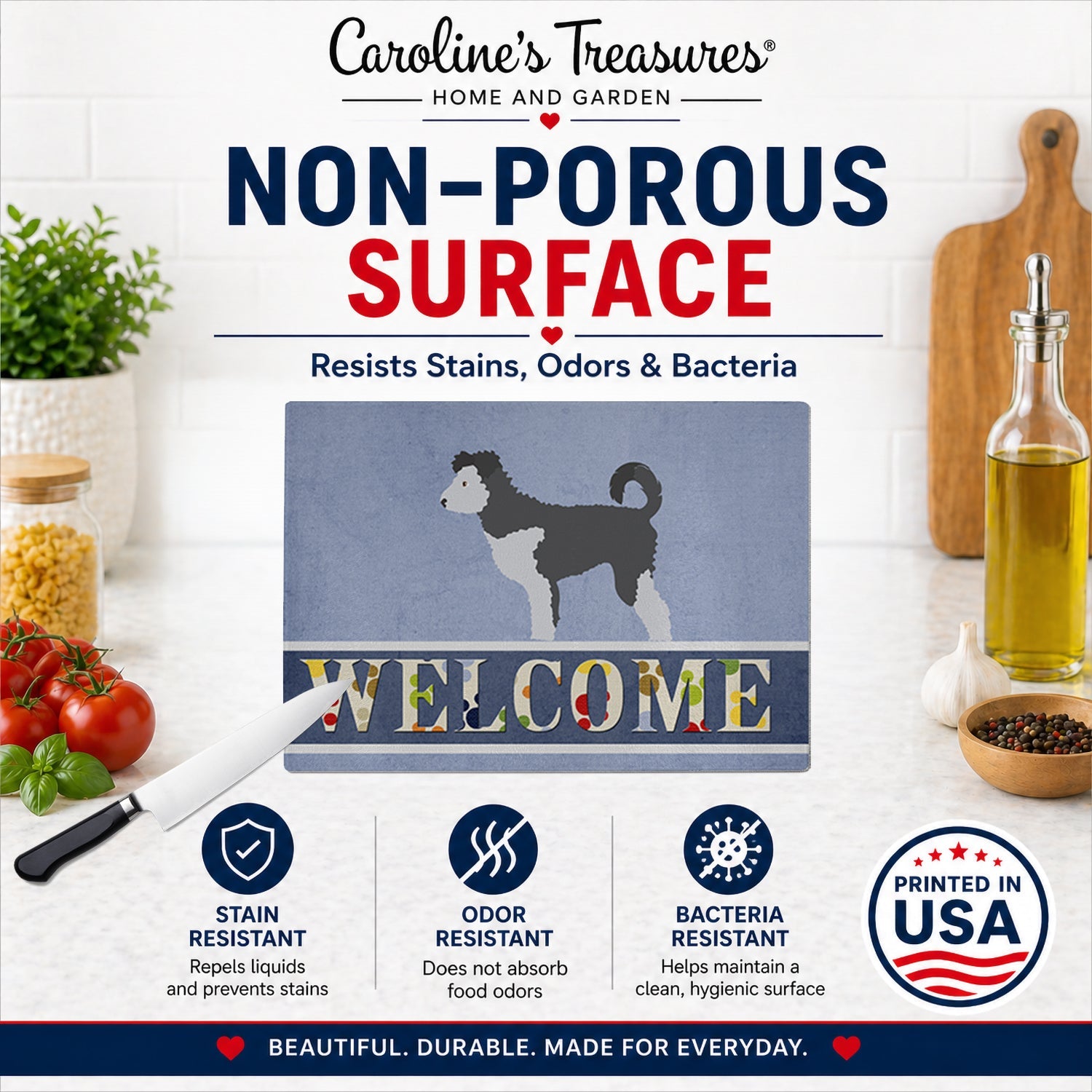 Pumi Welcome Cutting Board Tempered Glass Kitchen Cutting Surface, Heat Resistant Chopping, Non-Slip Feet, Food Prep & Serving