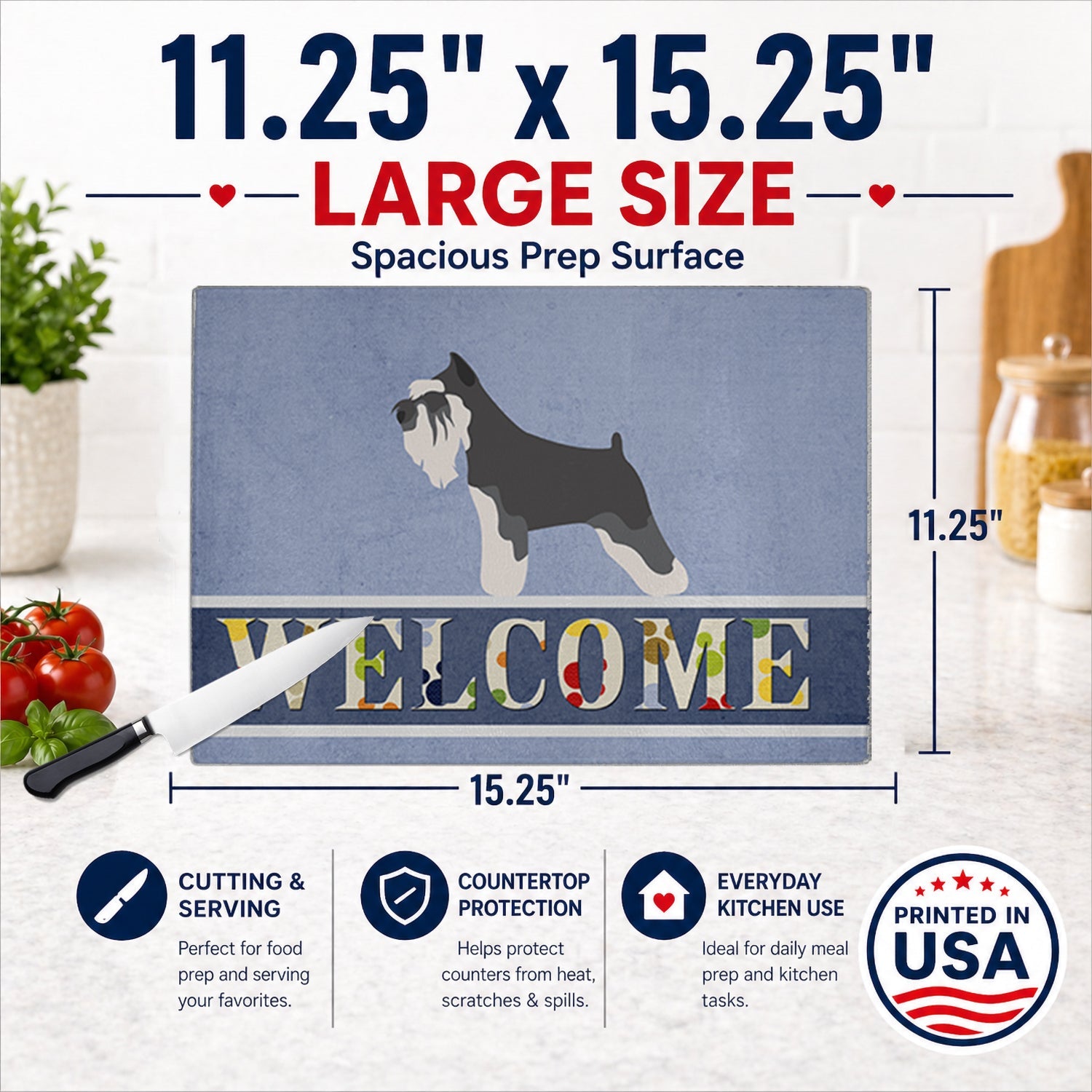 Miniature Schnauzer Welcome Cutting Board Tempered Glass Kitchen Cutting Surface, Heat Resistant Chopping, Non-Slip Feet, Food Prep & Serving