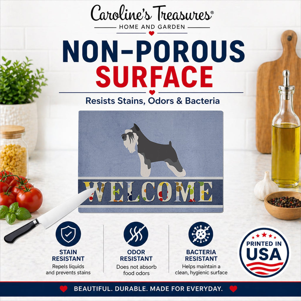 Miniature Schnauzer Welcome Cutting Board Tempered Glass Kitchen Cutting Surface, Heat Resistant Chopping, Non-Slip Feet, Food Prep & Serving