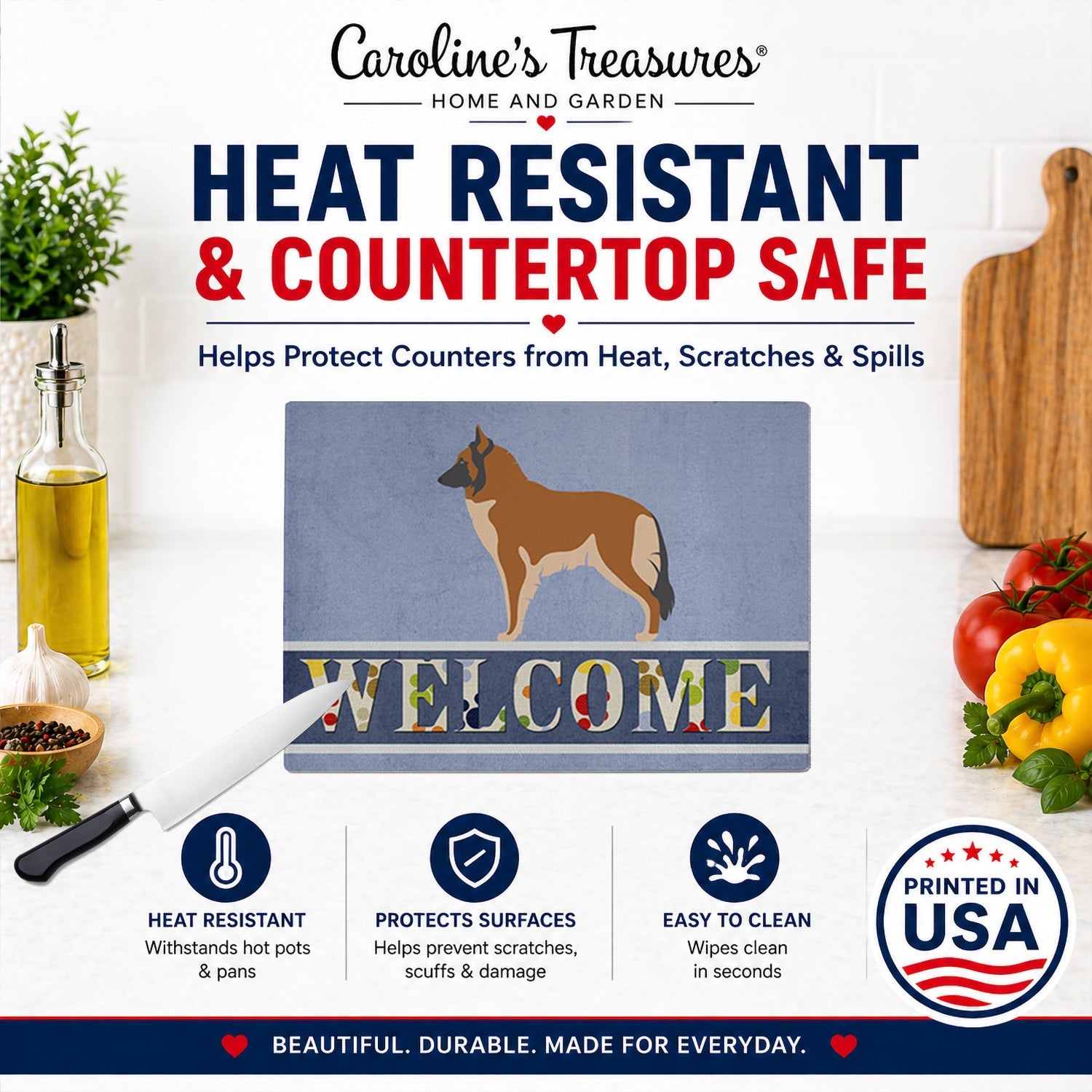 Belgian Tervuren Welcome Cutting Board Tempered Glass Kitchen Cutting Surface, Heat Resistant Chopping, Non-Slip Feet, Food Prep & Serving