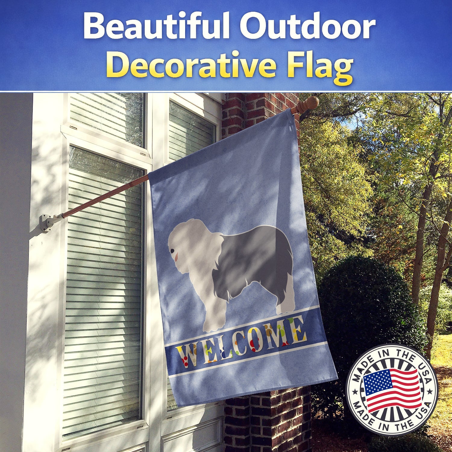 Old English Sheepdog Welcome House Flag 28x40 Porch Sleeve Pole Decorative Outside Yard Banner Artwork Wall Hanging, Polyester