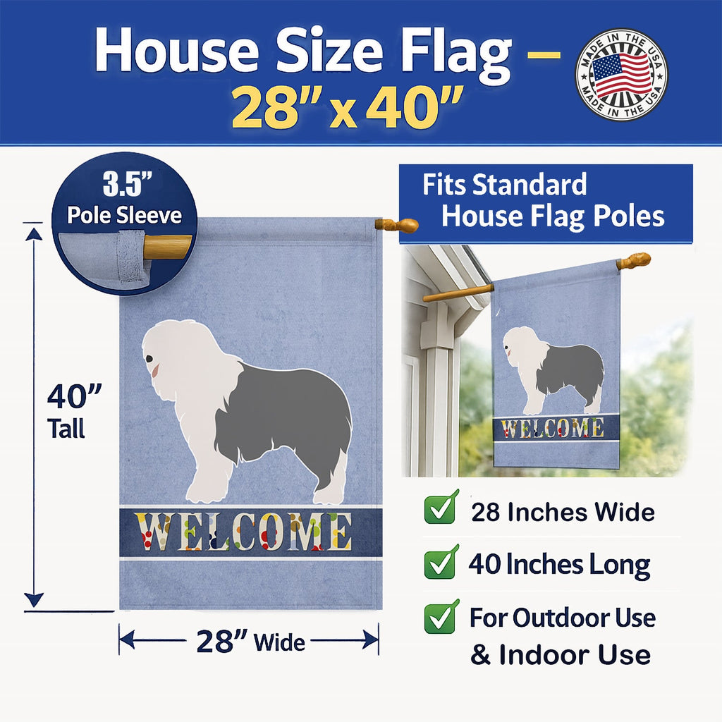 Old English Sheepdog Welcome House Flag 28x40 Porch Sleeve Pole Decorative Outside Yard Banner Artwork Wall Hanging, Polyester