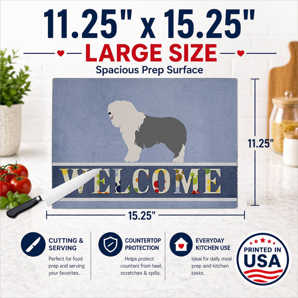 Old English Sheepdog Welcome Cutting Board Tempered Glass Kitchen Cutting Surface, Heat Resistant Chopping, Non-Slip Feet, Food Prep & Serving