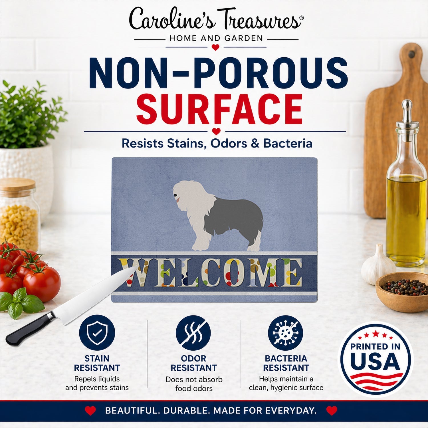 Old English Sheepdog Welcome Cutting Board Tempered Glass Kitchen Cutting Surface, Heat Resistant Chopping, Non-Slip Feet, Food Prep & Serving