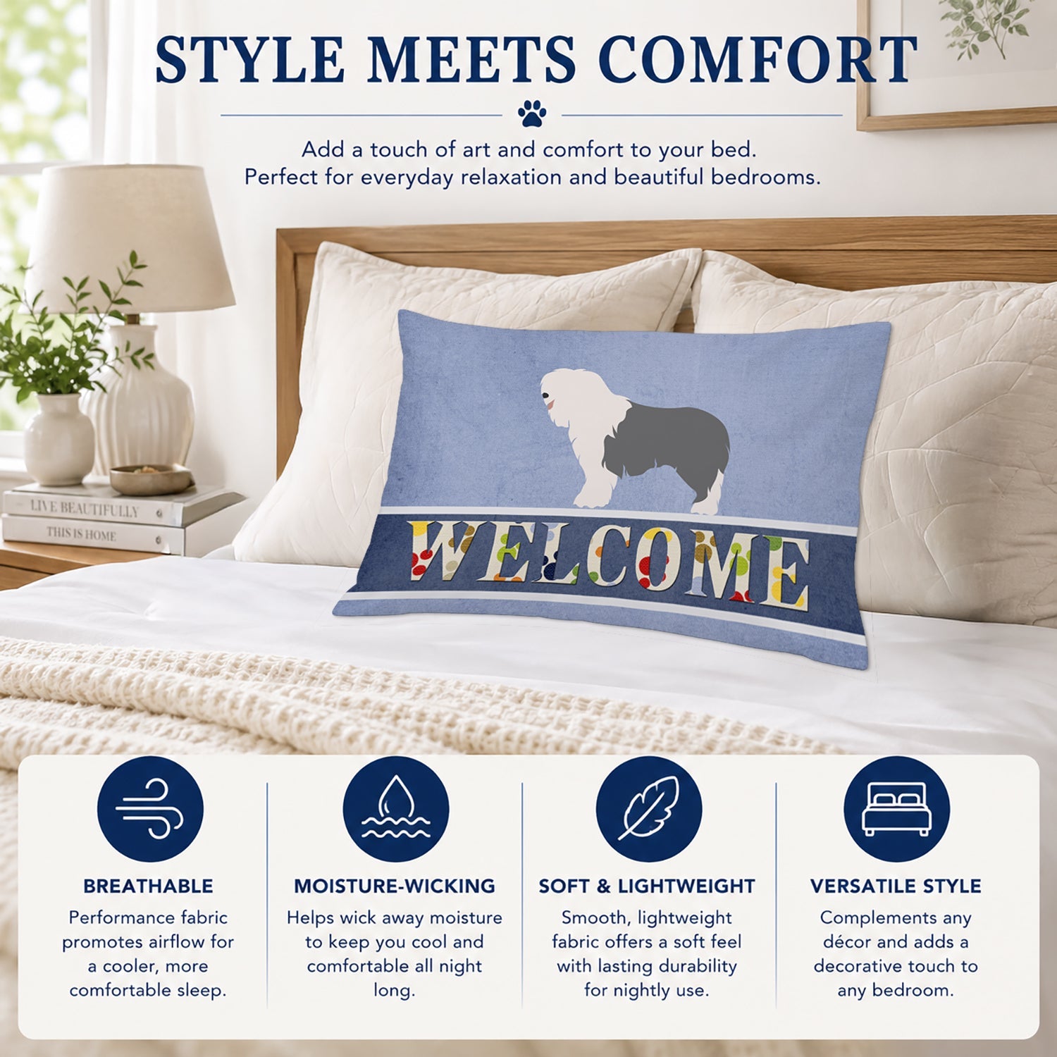 Old English Sheepdog Welcome Standard Pillowcase Lightweight Super Soft Easy Care Decorative Artwork Pillowcase, Standard