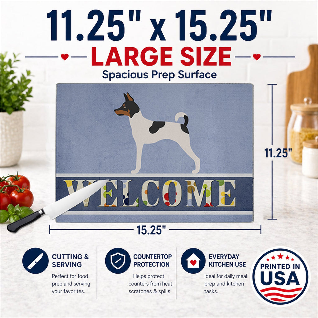 American Toy Fox Terrier Welcome Cutting Board Tempered Glass Kitchen Cutting Surface, Heat Resistant Chopping, Non-Slip Feet, Food Prep & Serving