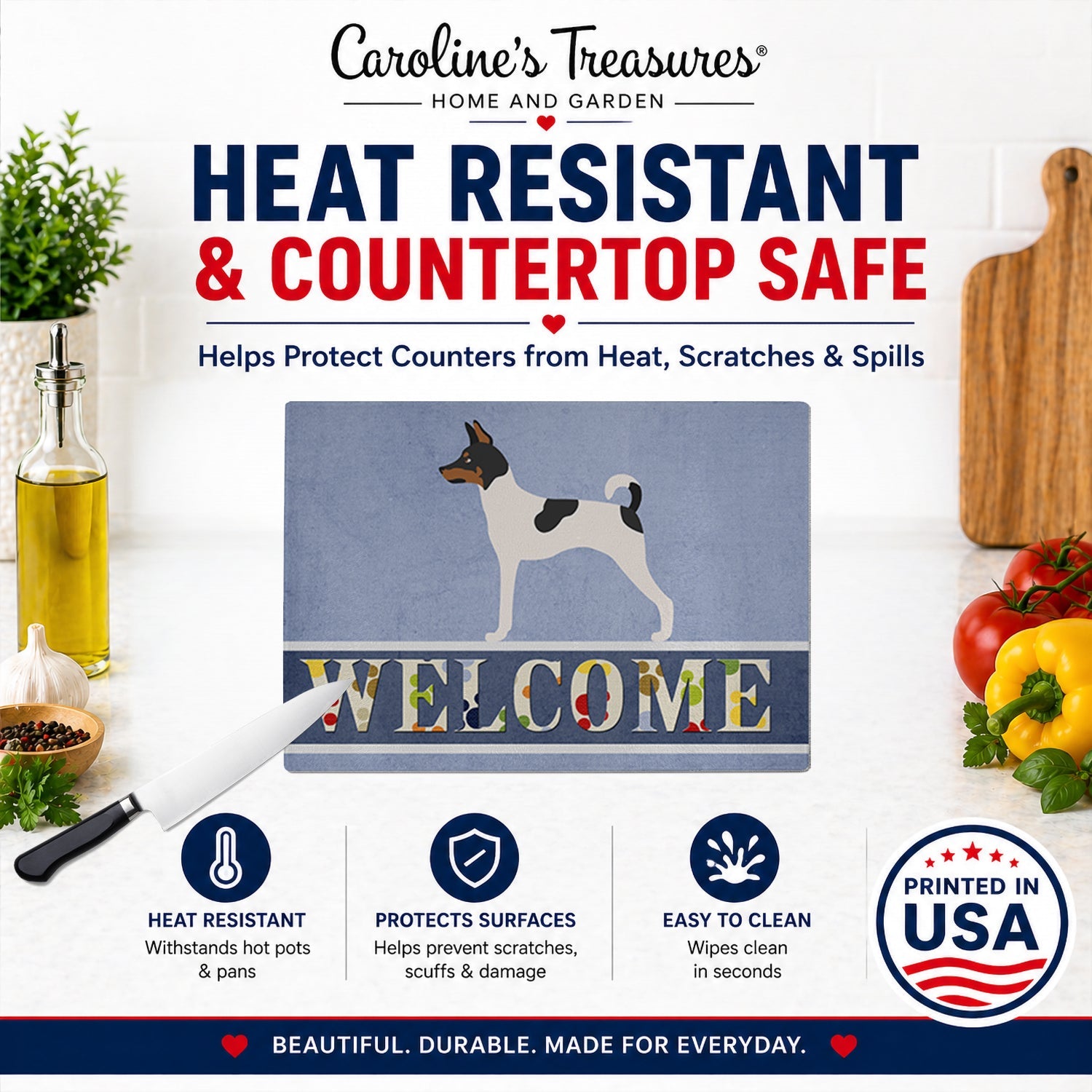 American Toy Fox Terrier Welcome Cutting Board Tempered Glass Kitchen Cutting Surface, Heat Resistant Chopping, Non-Slip Feet, Food Prep & Serving