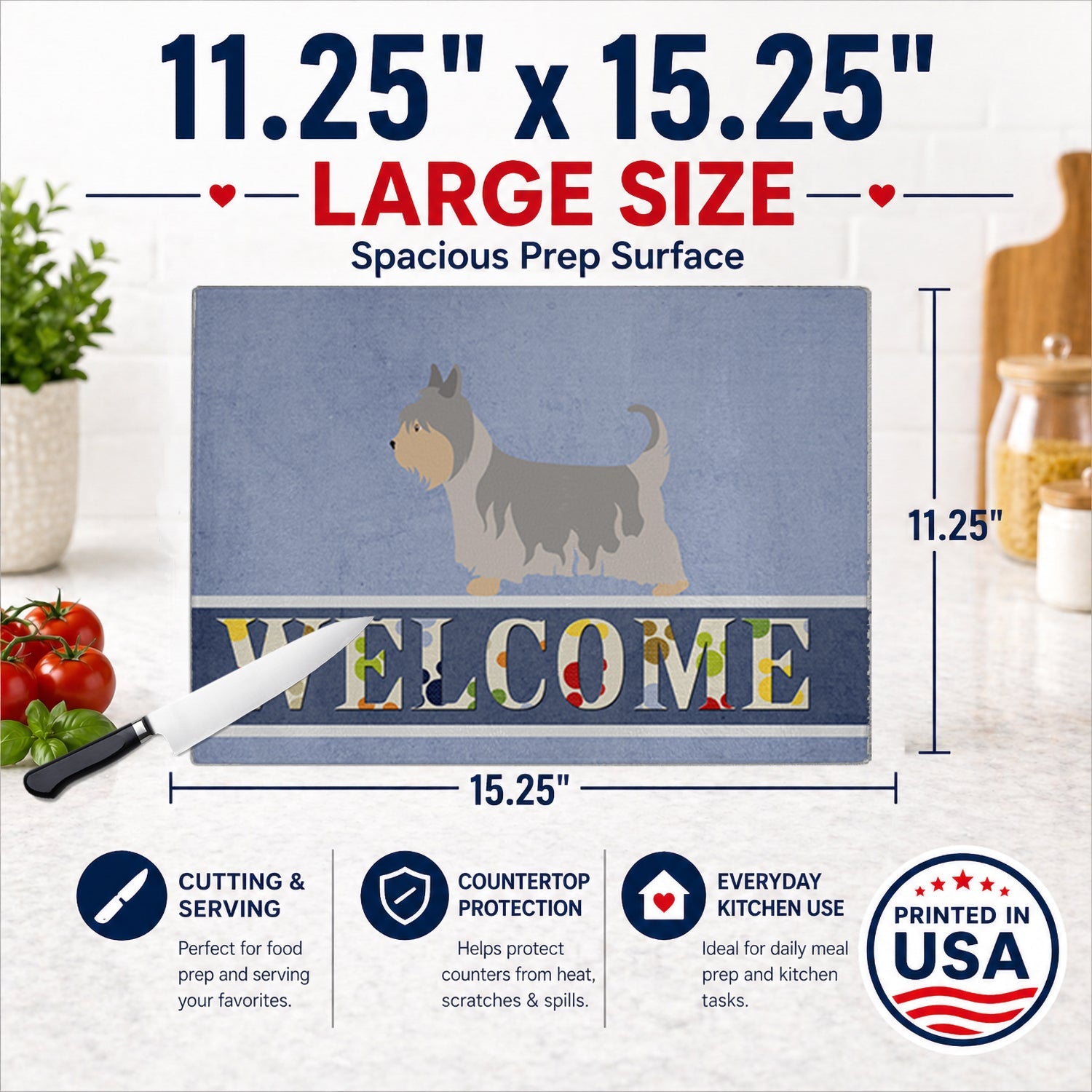 Australian Silky Terrier Welcome Cutting Board Tempered Glass Kitchen Cutting Surface, Heat Resistant Chopping, Non-Slip Feet, Food Prep & Serving