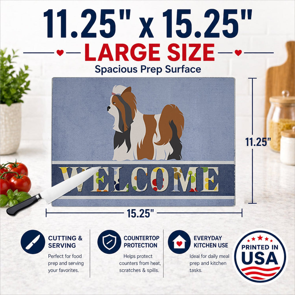 Biewer Terrier Welcome Cutting Board Tempered Glass Kitchen Cutting Surface, Heat Resistant Chopping, Non-Slip Feet, Food Prep & Serving