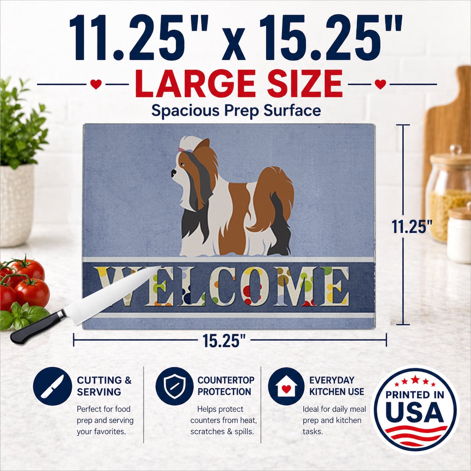 Biewer Terrier Welcome Cutting Board Tempered Glass Kitchen Cutting Surface, Heat Resistant Chopping, Non-Slip Feet, Food Prep & Serving