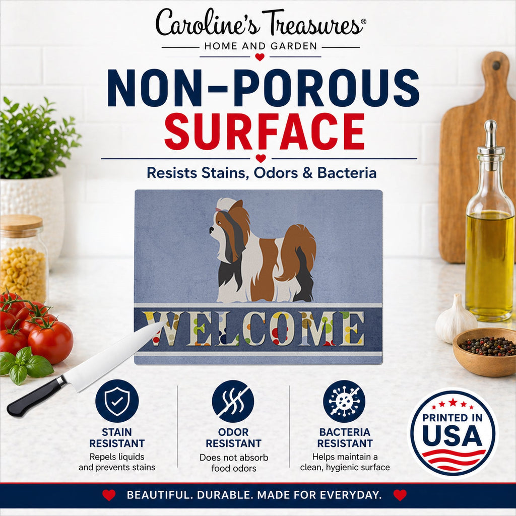 Biewer Terrier Welcome Cutting Board Tempered Glass Kitchen Cutting Surface, Heat Resistant Chopping, Non-Slip Feet, Food Prep & Serving