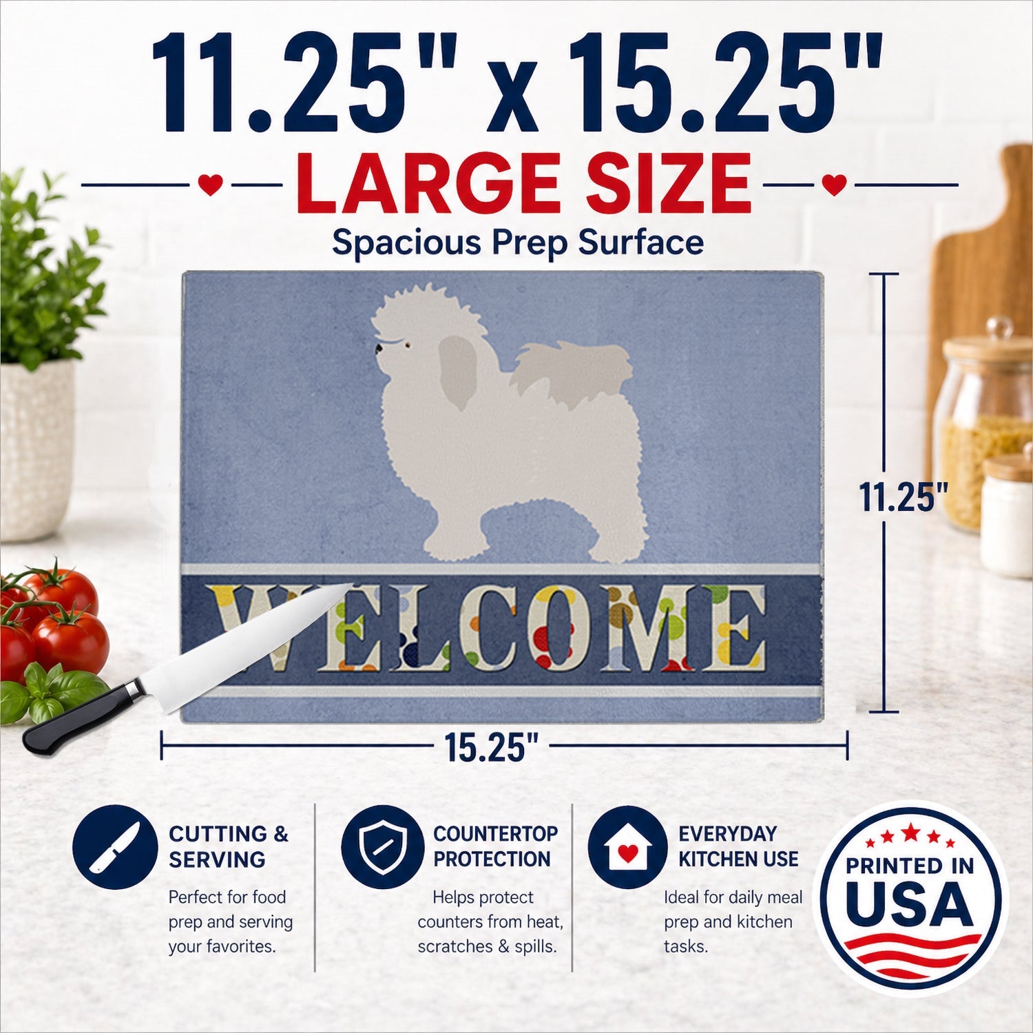Bolognese Welcome Cutting Board Tempered Glass Kitchen Cutting Surface, Heat Resistant Chopping, Non-Slip Feet, Food Prep & Serving