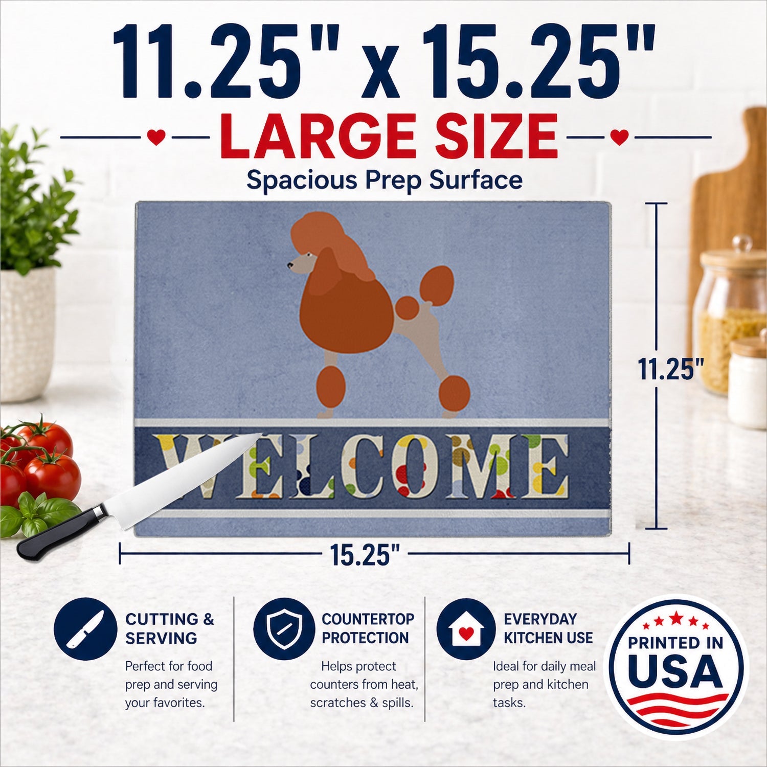 Royal Poodle Welcome Cutting Board Tempered Glass Kitchen Cutting Surface, Heat Resistant Chopping, Non-Slip Feet, Food Prep & Serving