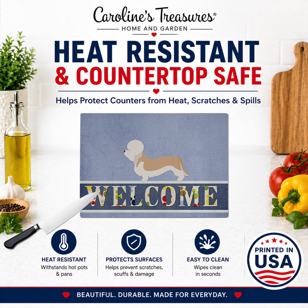 Dandie Dinmont Terrier Welcome Cutting Board Tempered Glass Kitchen Cutting Surface, Heat Resistant Chopping, Non-Slip Feet, Food Prep & Serving