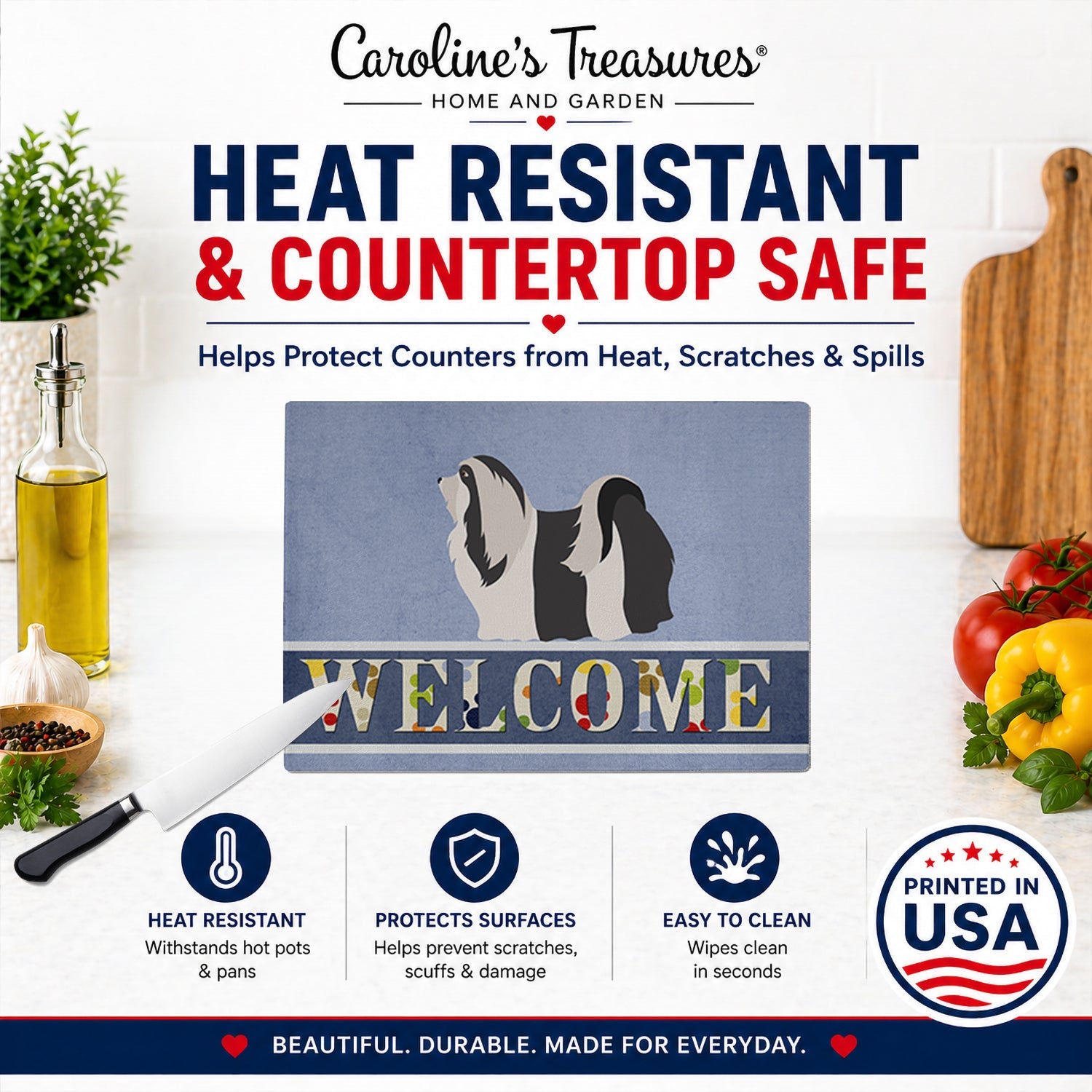 Havanese Welcome Cutting Board Tempered Glass Kitchen Cutting Surface, Heat Resistant Chopping, Non-Slip Feet, Food Prep & Serving