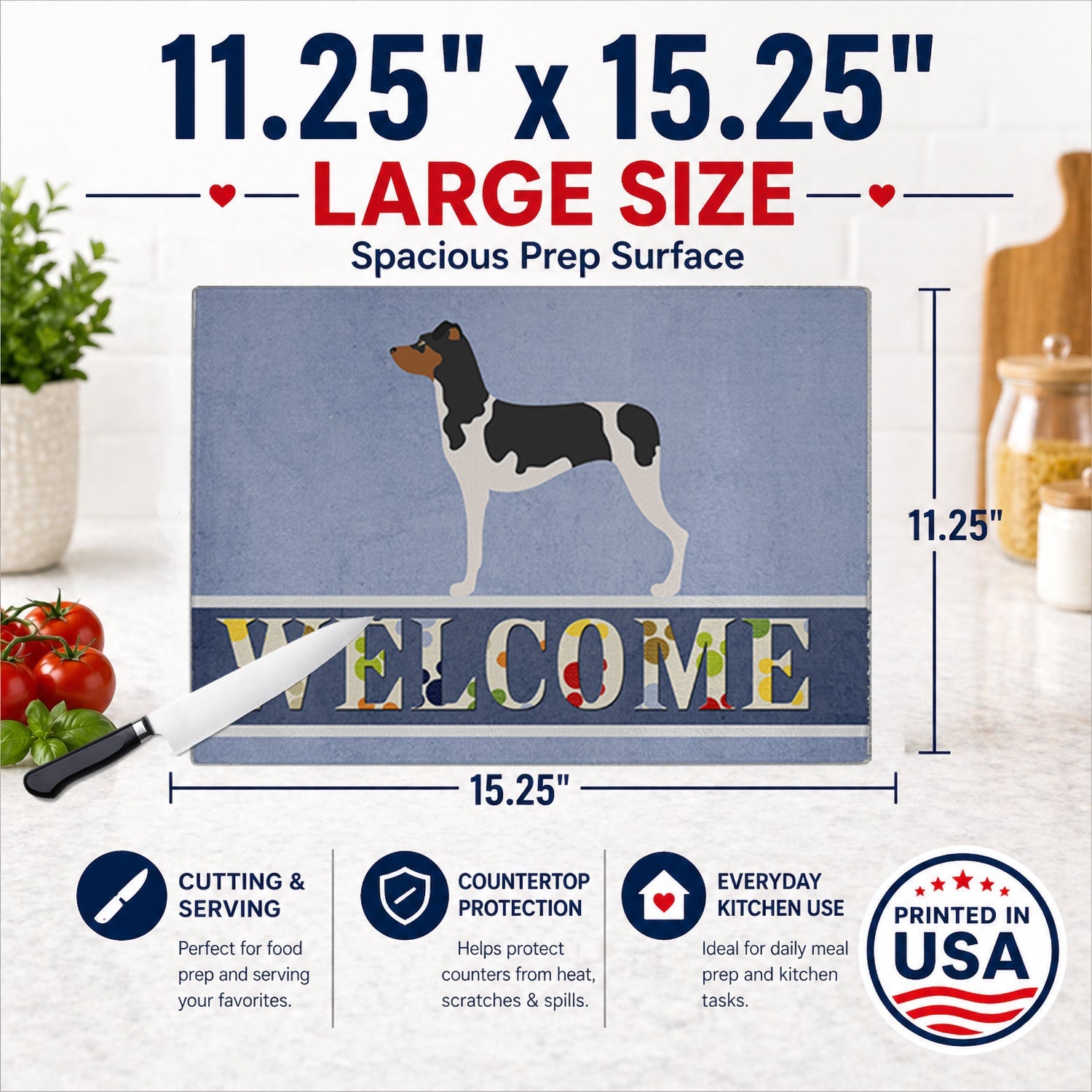 Brazilian Terrier Welcome Cutting Board Tempered Glass Kitchen Cutting Surface, Heat Resistant Chopping, Non-Slip Feet, Food Prep & Serving